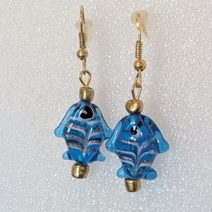 Murano Blue Art Glass Fish 1.75" Dangle Earrings New